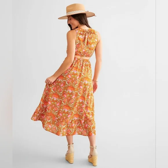 NWT Willow Root Floral Orange Midi Cutout Dress Size Large 9/10 - Picture 2 of 16